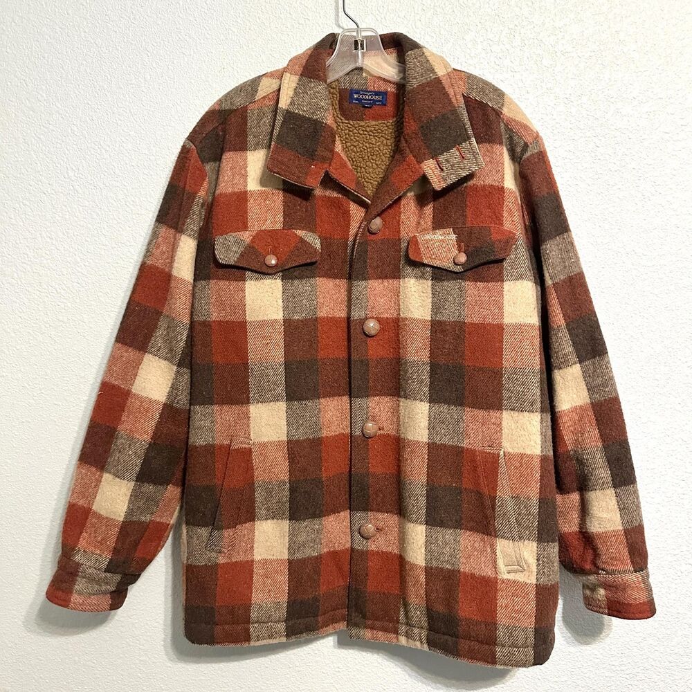 Shinsegae's Woodhouse Jacket Men L Brown Red Beige Plaid Wool Blend Long Sleeve